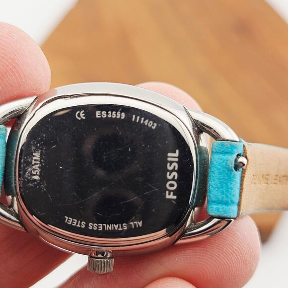 Fossil Women's Silver Tone Simple Watch Teal Leather Strap ES-3559 Roman Numeral - Picture 6 of 6